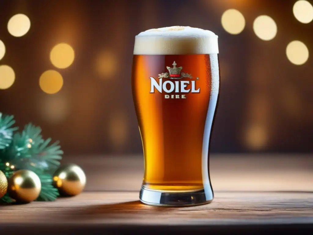 Vaso de Bière de Noël en mesa de madera, rodeado de decoraciones festivas