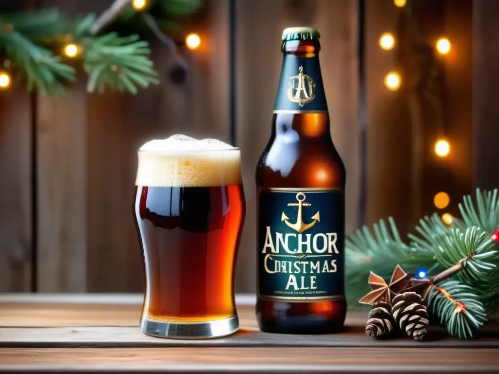 Detalle de una cerveza Anchor Christmas Ale vertiéndose en un vaso de vidrio sobre una mesa de madera rústica con ramas de pino y luces brillantes