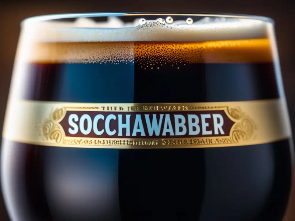 Cerveza Schwarzbier: Vistosa copa llena de oscuro y rico Schwarzbier, con detalles efervescentes y textura aterciopelada