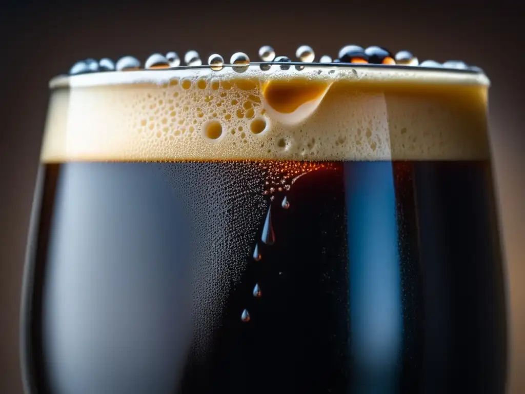 Cerveza stout casera: vaso con cerveza oscura y espuma cremosa, gotas de condensación en mano