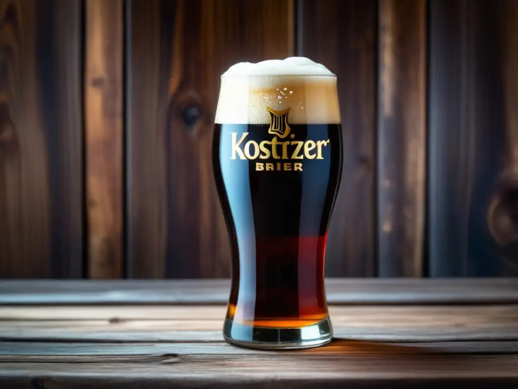 Detalle de una cerveza Köstritzer Schwarzbier en vaso de vidrio sobre mesa rústica