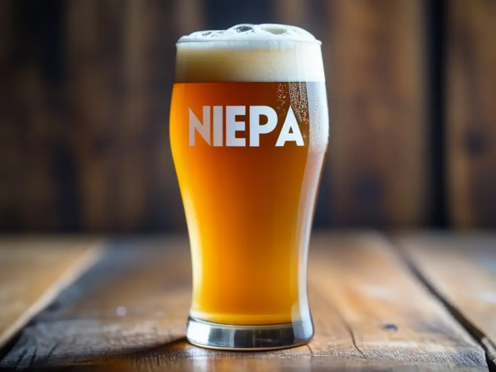 Cerveza NEIPA dorada y cremosa en vaso transparente sobre superficie de madera