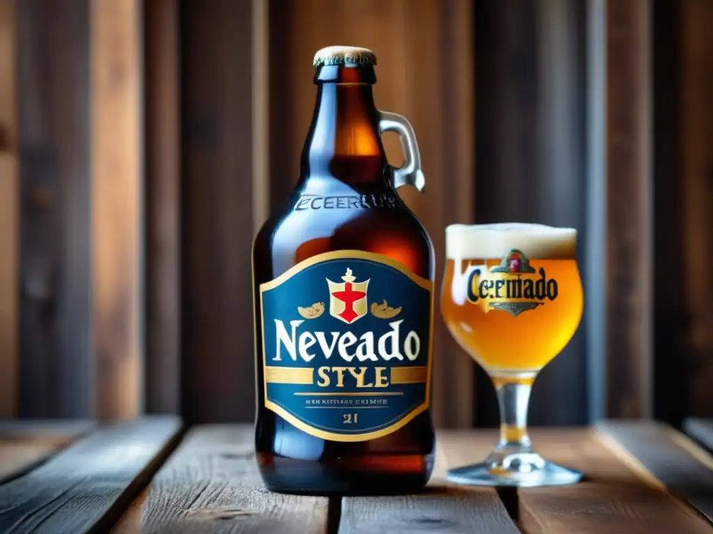 Botella de Cervecería Nevado Belgian Ale, elegante y artesanal, sobre fondo de madera rústica