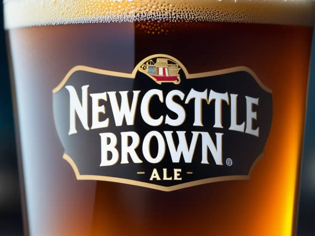 Detallada imagen de una caña llena de Newcastle Brown Ale, con burbujas y condensación