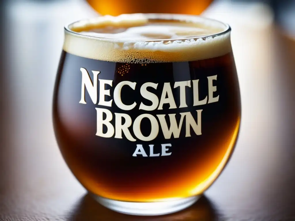 Una exquisita cerveza Newcastle Brown Ale, con su color caramelo con toques ámbar y una espuma cremosa que se disipa lentamente