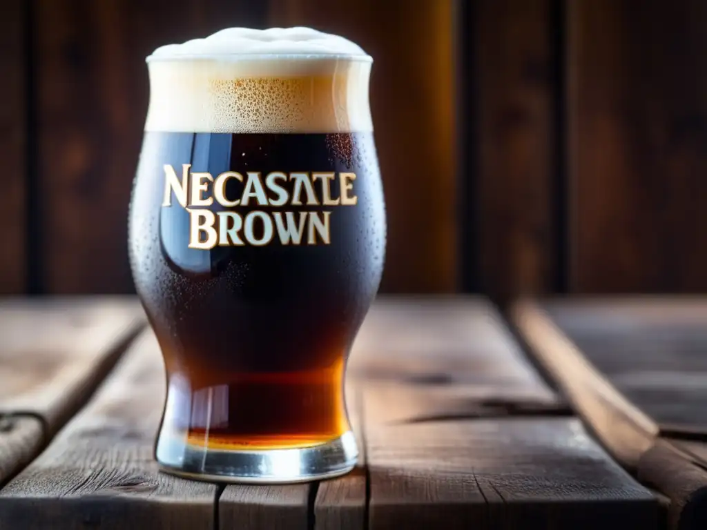 Pintura de cerveza Newcastle Brown Ale con espuma cremosa y burbujas (110 caracteres)