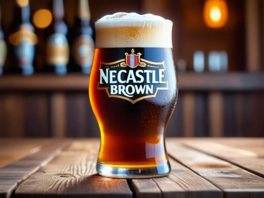 Imagen detallada de una cerveza Newcastle Brown Ale en un vaso de vidrio en una mesa de madera