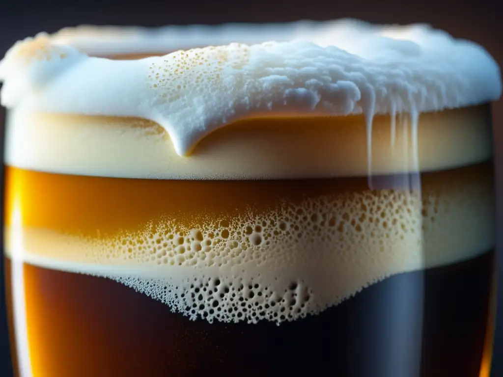 Detalle impresionante de una Cerveza Nitro en macrofotografía, con textura cremosa y burbujas ascendentes