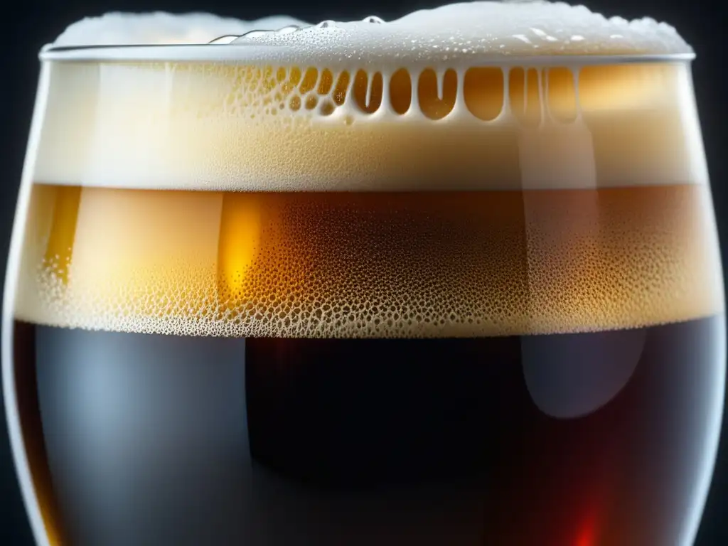 Cervezas Nitro: Vaso de cerveza nitro con espuma cremosa, burbujas de nitrógeno y tonos ámbar, invitando a disfrutar