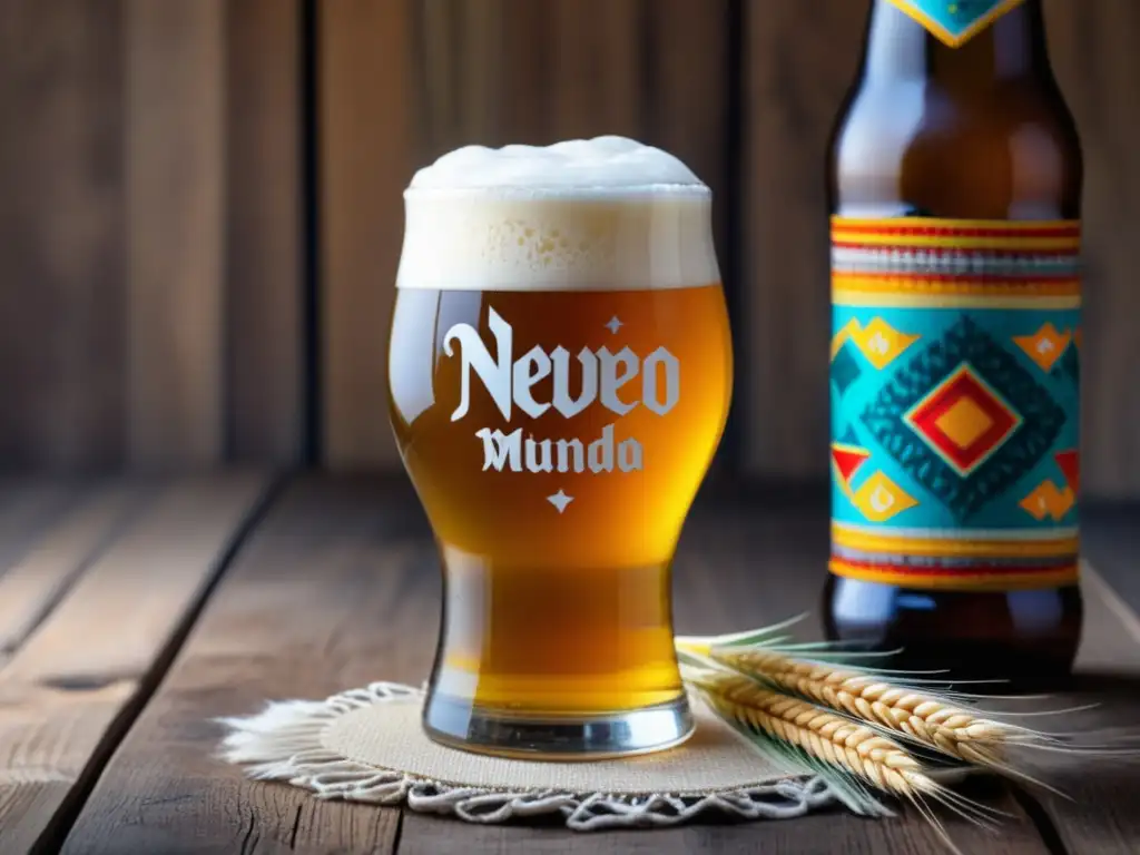 Cerveza de trigo Nuevo Mundo Weissbier con ingredientes peruanos y decoración vibrante en mesa de madera rústica