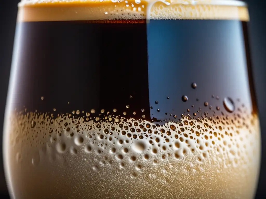 Cerveza Oatmeal Stout, espuma cremosa, tono oscuro, textura aterciopelada