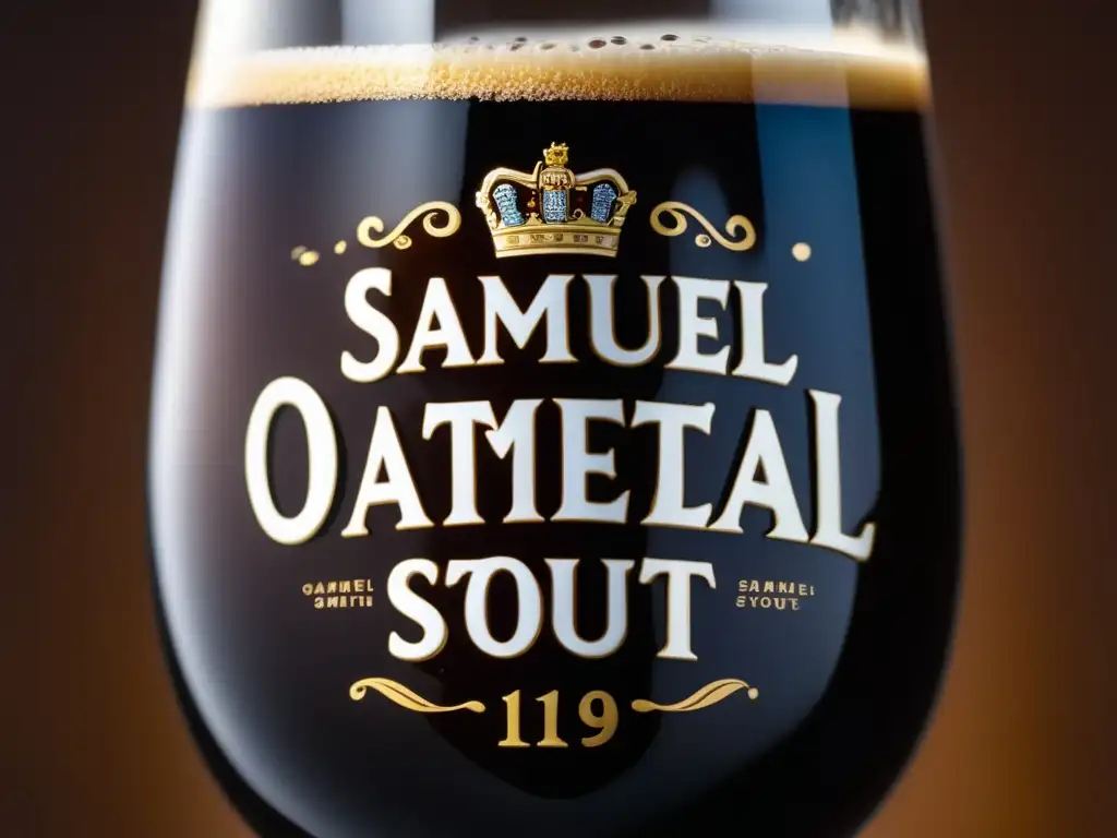 Cerveza Oatmeal Stout de Samuel Smith: imagen detallada de una copa recién servida, con líquido oscuro y burbujas en el borde