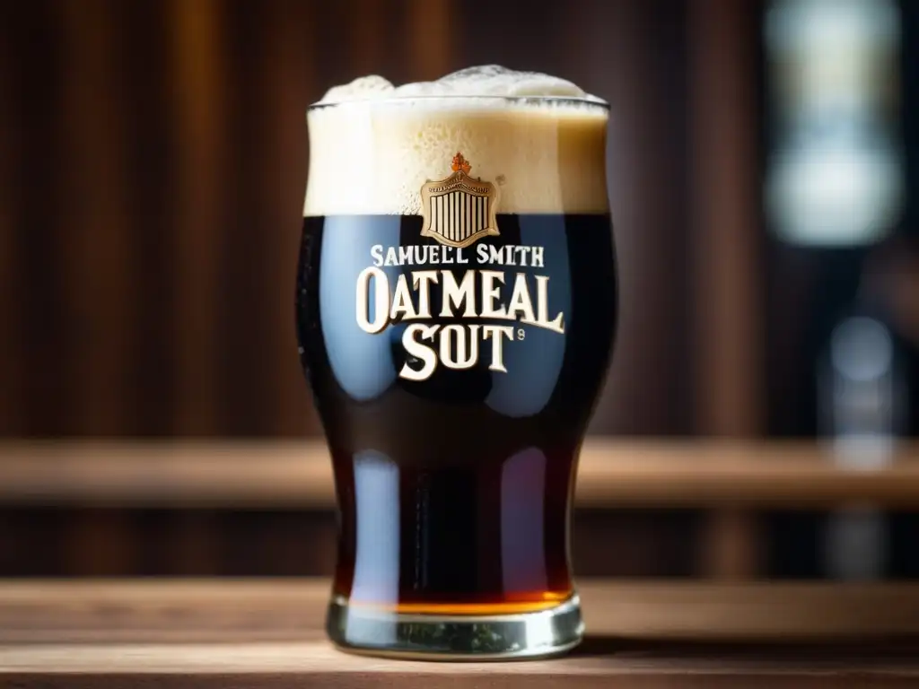 Cerveza Oatmeal Stout Samuel Smith en vaso de vidrio sobre mesa de madera, iluminación suave resalta su color oscuro y espuma cremosa