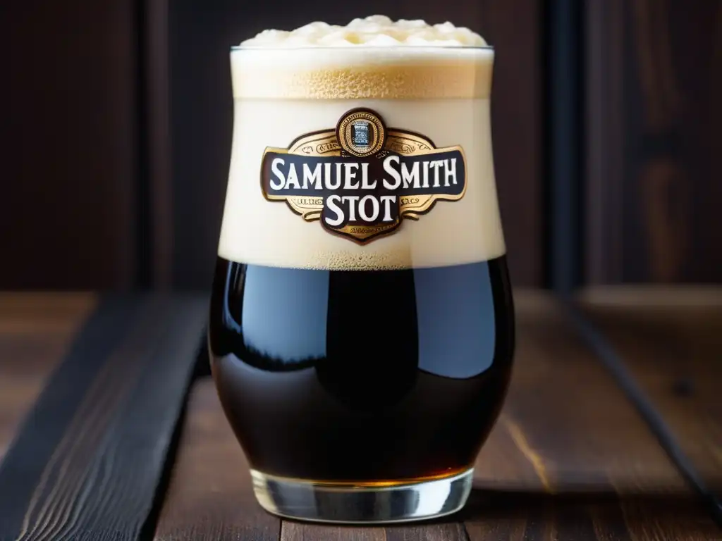 Imagen detallada de una copa rebosante de la cerveza negra Stout de Samuel Smith, con espuma cremosa y burbujas destacadas