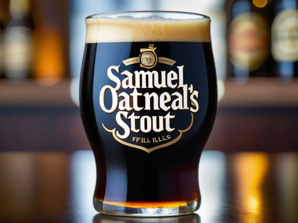 Una cerveza Oatmeal Stout de Samuel Smith, con textura suave y cremosa, de color marrón oscuro y burbujas en el vaso