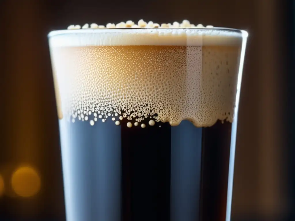 Pintura de Oatmeal Stout: cerveza negra con espuma cremosa, burbujas y condensación