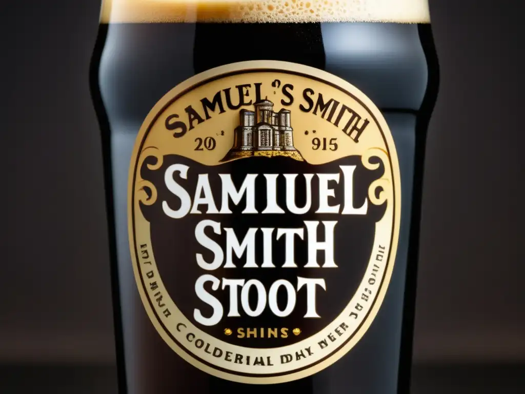 Cerveza Oatmeal Stout Samuel Smith: imagen detallada de una pinta llena con cerveza negra, cremosa y burbujeante