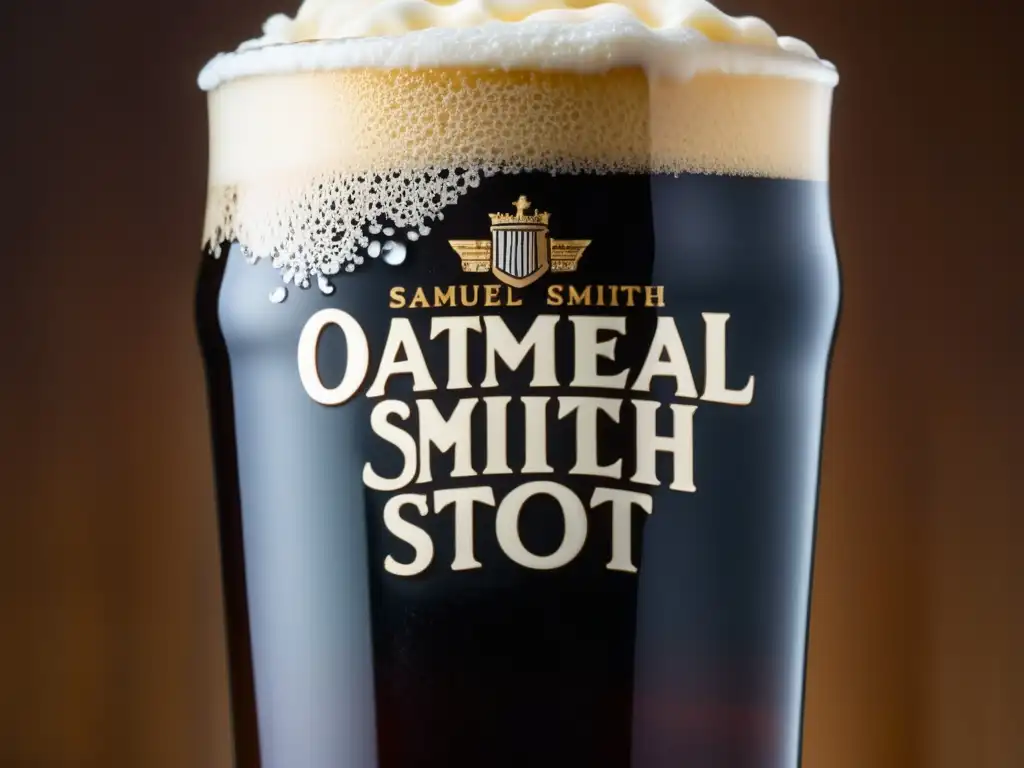 Cerveza Oatmeal Stout, oscura y cremosa, con espuma tan y burbujas ascendentes