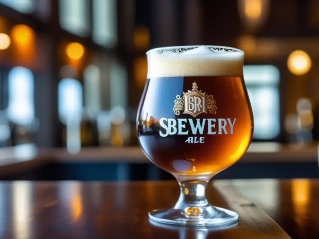 Cerveza Old Ale cobriza y rica en un vaso, en una mesa de madera tallada, con espuma cremosa y detalles intrincados