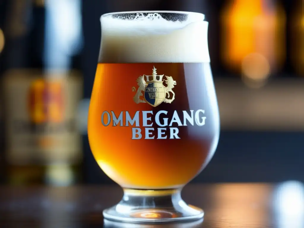 Cerveza Ommegang: copa con color ámbar, espuma cremosa y detalle en el vertido