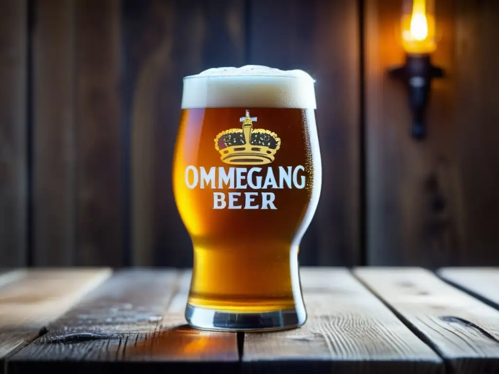 Cerveza Ommegang en vaso de vidrio sobre mesa de madera rústica