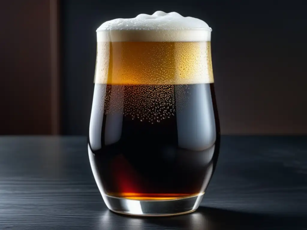 Cerveza Dark Lager en vaso de vidrio, elegante y detallada