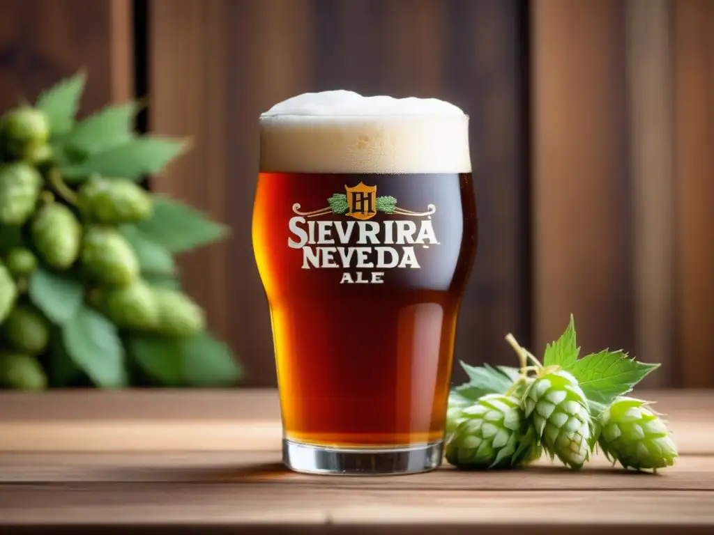 Pinta de Sierra Nevada Pale Ale: color ámbar, espuma blanca, elementos naturales -