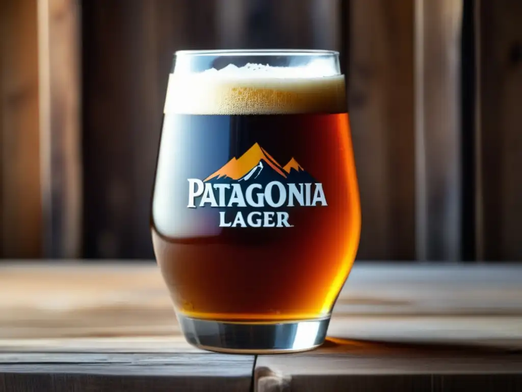 Cerveza Patagonia Amber Lager IPA en vaso de vidrio con espuma cremosa y tonos cálidos