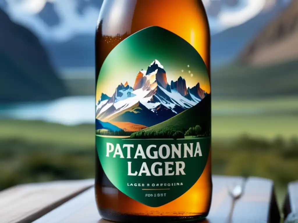 Botella de cerveza Patagonia Amber Lager, con paisaje Patagónico y detalles de sabor - IPA