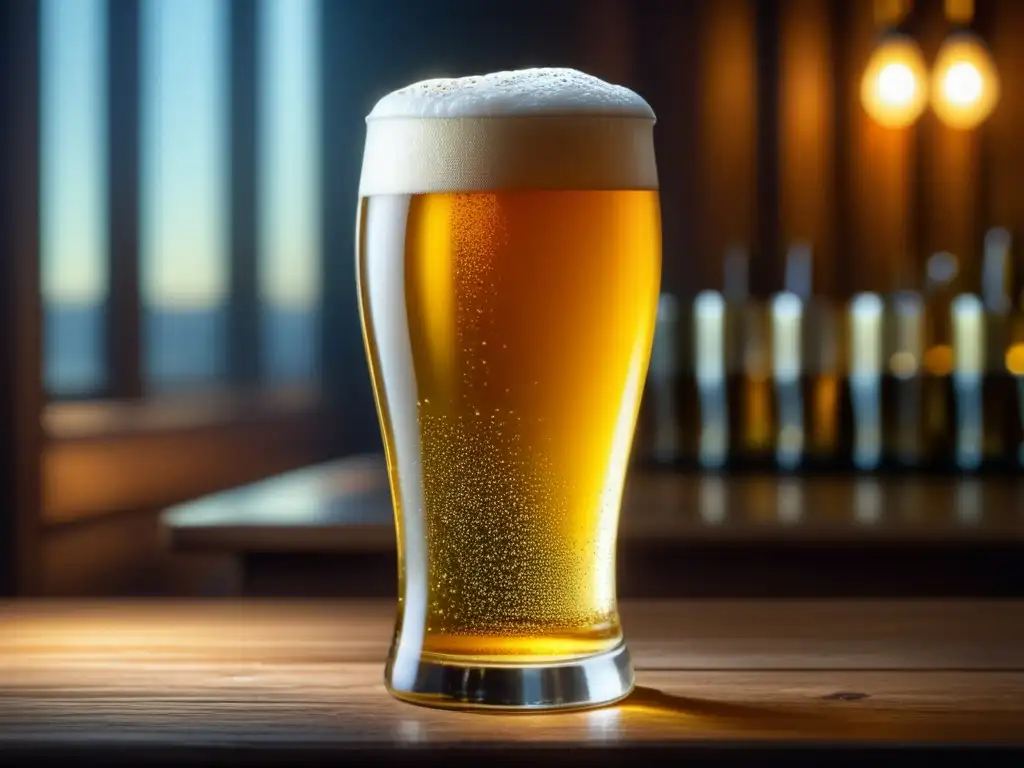 Imagen detallada 8k de una cerveza Pilsner perfectamente servida en una mesa de madera, con condensación en su vaso de cristal