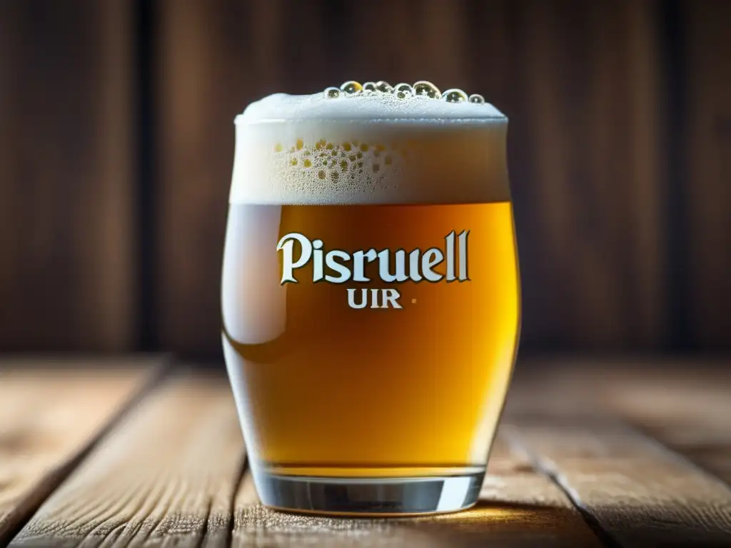 Detallada imagen de un vaso de cerveza Pilsner Urquell, con color dorado y burbujas, en una mesa de madera