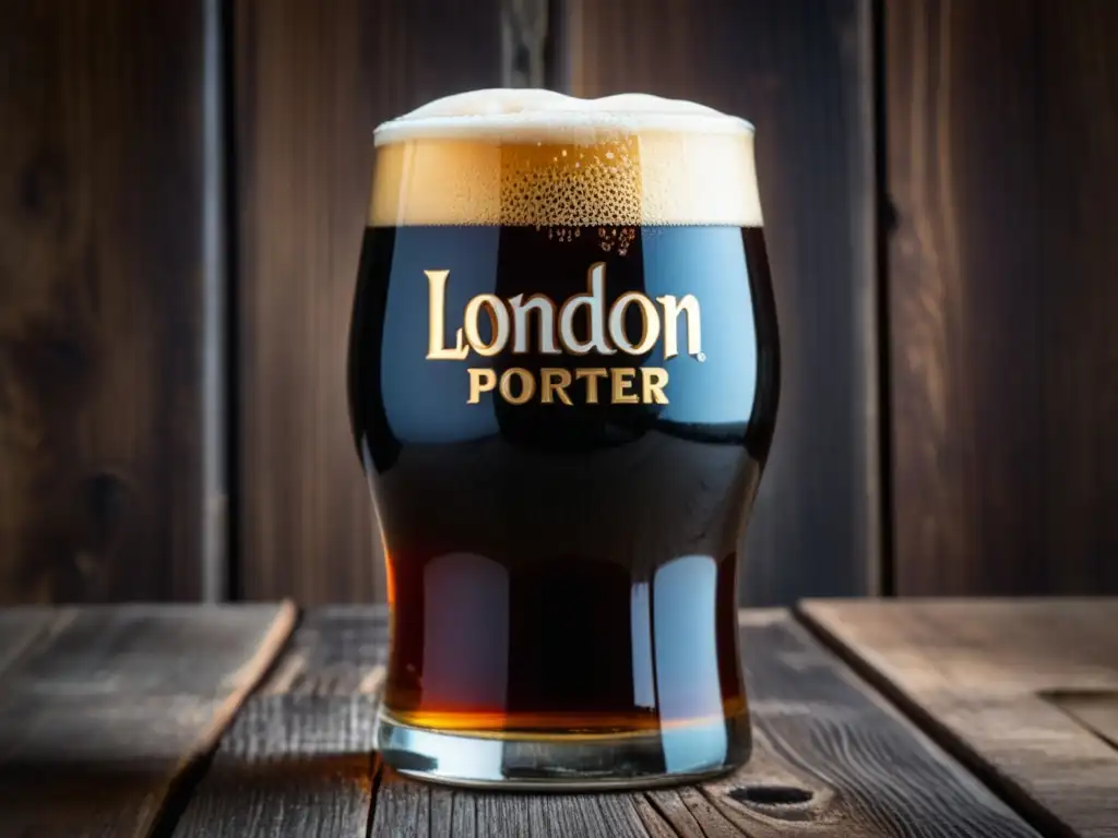 Imagen detallada de una cerveza London Porter en vaso de cristal rustic, con espuma cremosa y burbujas-