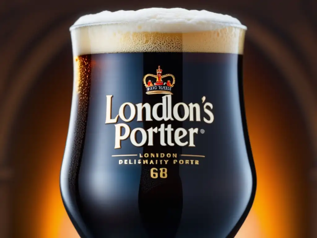 Cerveza Porter Fuller's London: Vistoso vaso con espuma y detalles del líquido oscuro