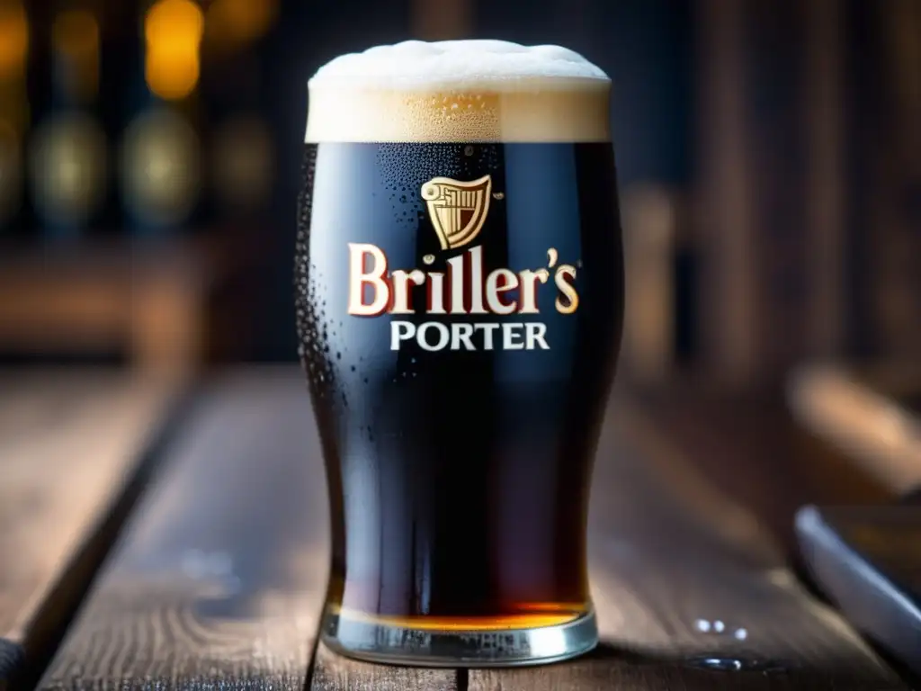 Cerveza Porter Fuller's London en vaso, color oscuro, cabeza cremosa y detalles de burbujas