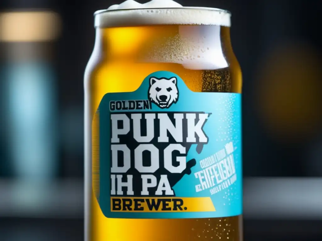 Cerveza dorada BrewDog's Punk IPA con espuma blanca y burbujas efervescentes en un vaso helado