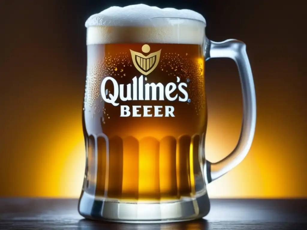 Cerveza Quilmes: Detallada imagen de una jarra helada rebosante de cerveza dorada, mostrando su color ámbar y las burbujas delicadas en su superficie