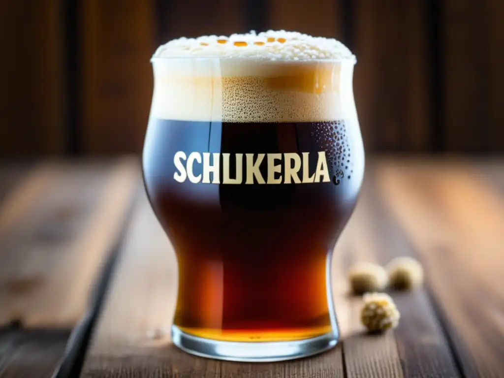 Cerveza ahumada con espuma cremosa en vaso de vidrio Cerveza Rauchbier con tonos ámbar, espuma cremosa y gotas de condensación, en mesa de madera con lúpulo y malta