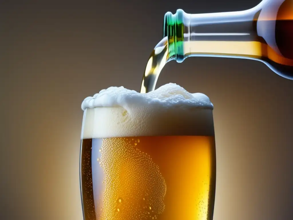 Cervecerías Ecológicas: Detalle de una cerveza dorada con espuma abundante, condensación en el vaso y burbujas ascendentes