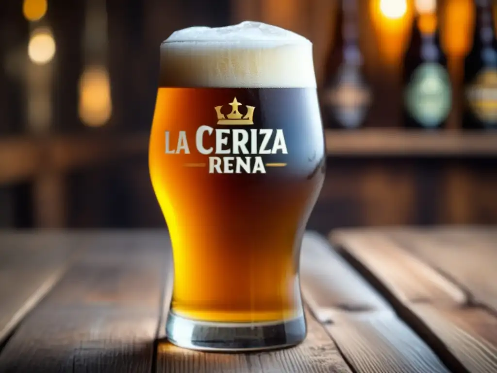 Cerveza artesanal dorada La Reina Sheba en vaso de vidrio sobre mesa de madera rústica, resaltando su belleza y detalles