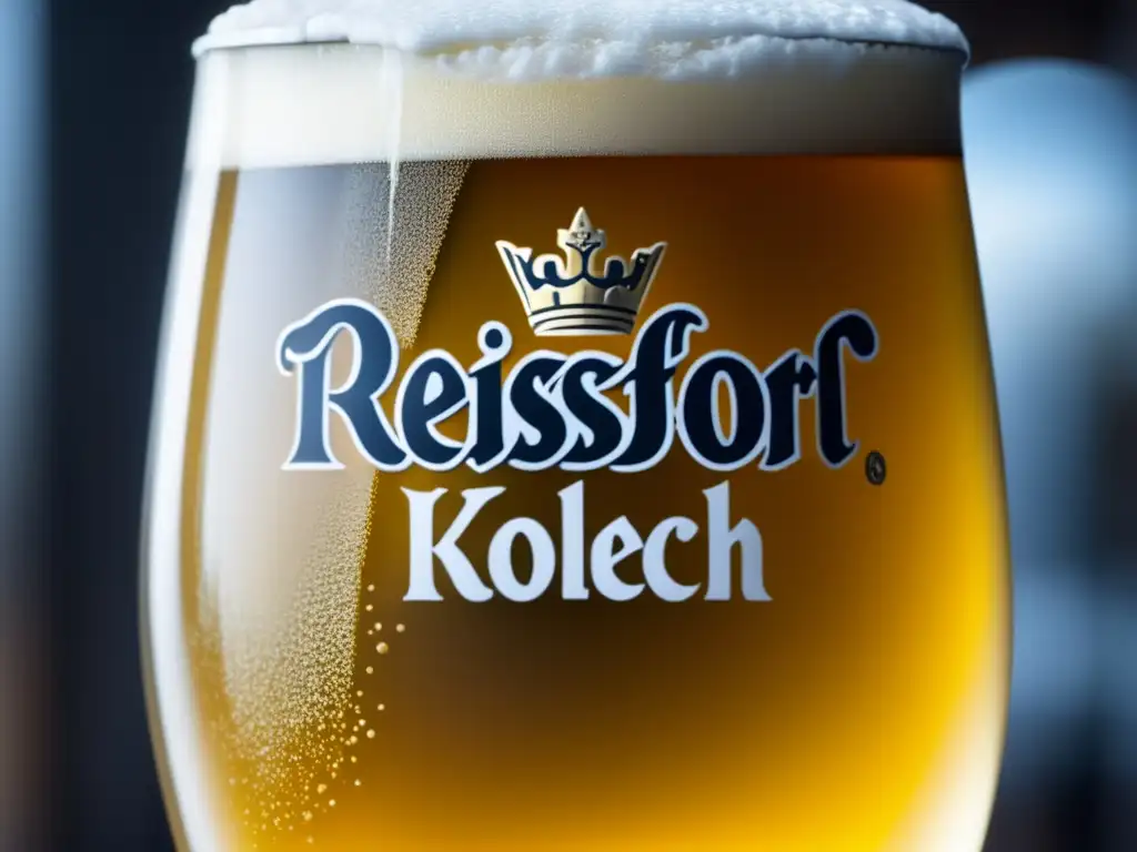 Cerveza Reissdorf Kölsch: vista cercana, líquido dorado brillante, espuma blanca y fresca