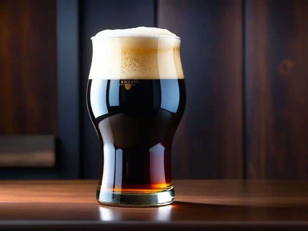 Cerveza Robust Porter en vaso de vidrio oscuro, cremosa espuma, burbujas danzan en líquido negro