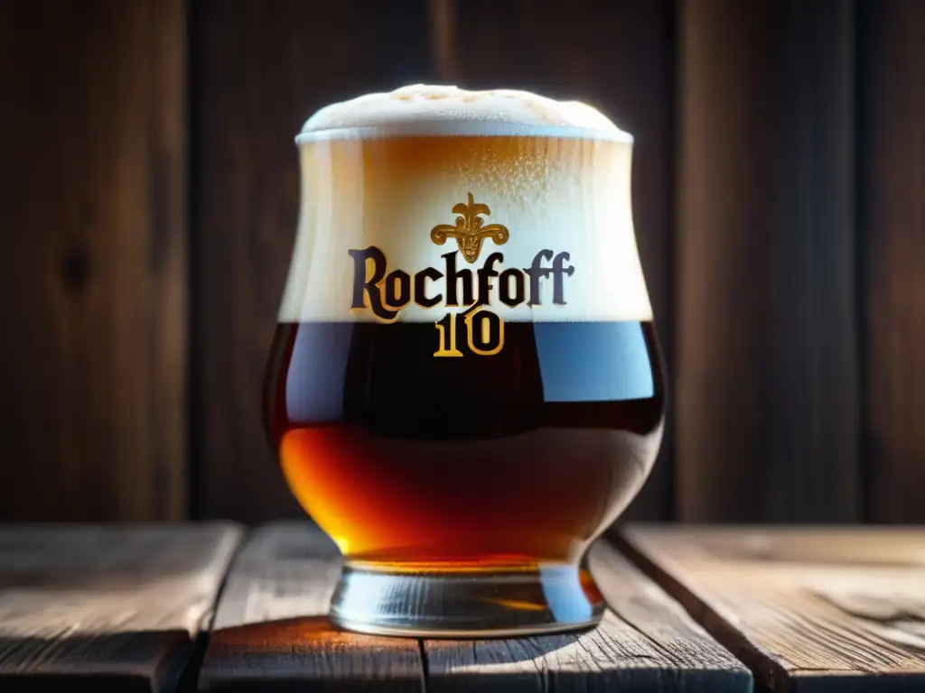 Cerveza Rochefort 10 quadrupel en vaso de vidrio, con color ámbar y espuma cremosa