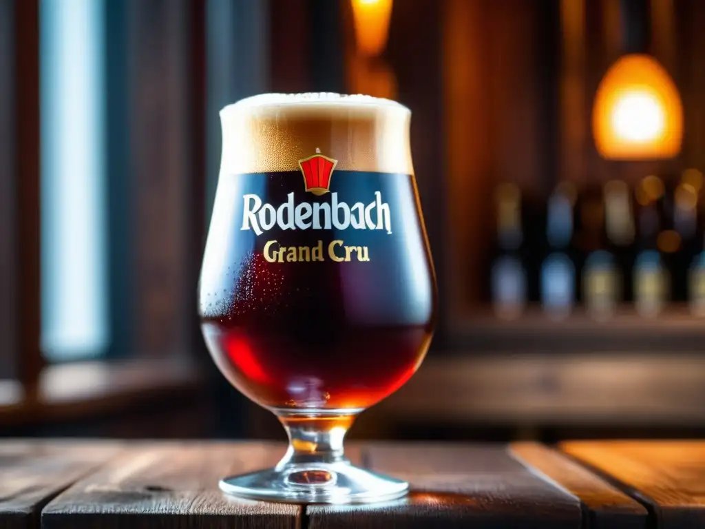 Cerveza Rodenbach Grand Cru, una Flanders Red Ale, destacando su color rojizo y burbujas efervescentes