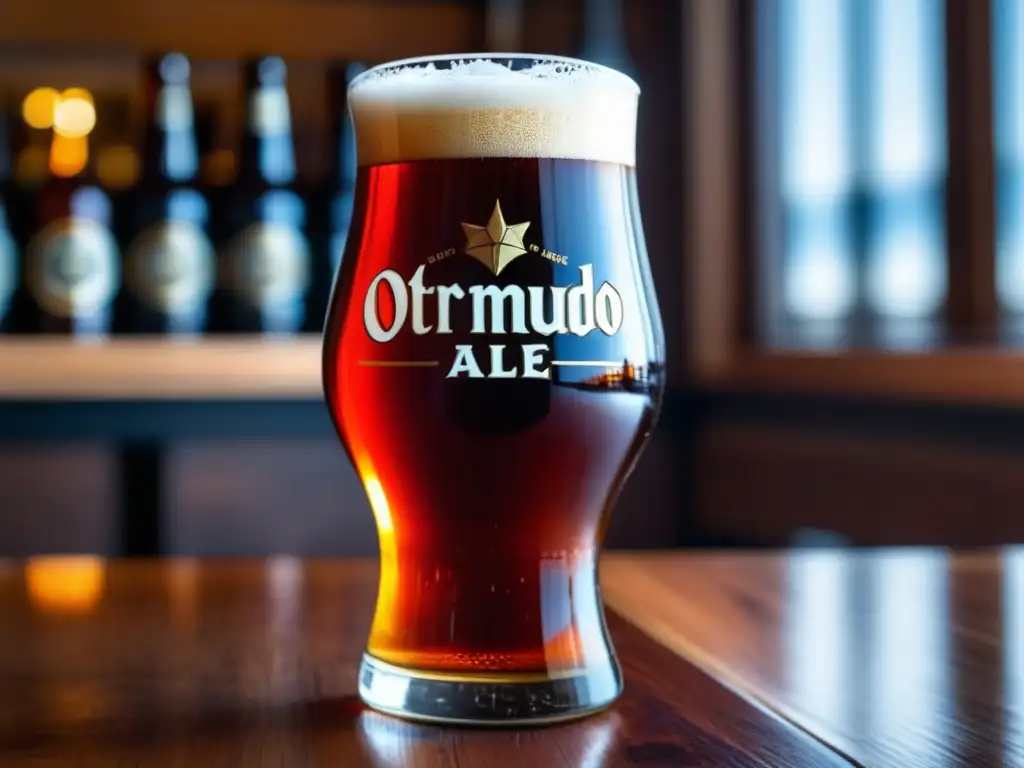 Detallada imagen de una cerveza Otro Mundo Strong Red Ale, color ámbar, en un vaso sobre una mesa de madera