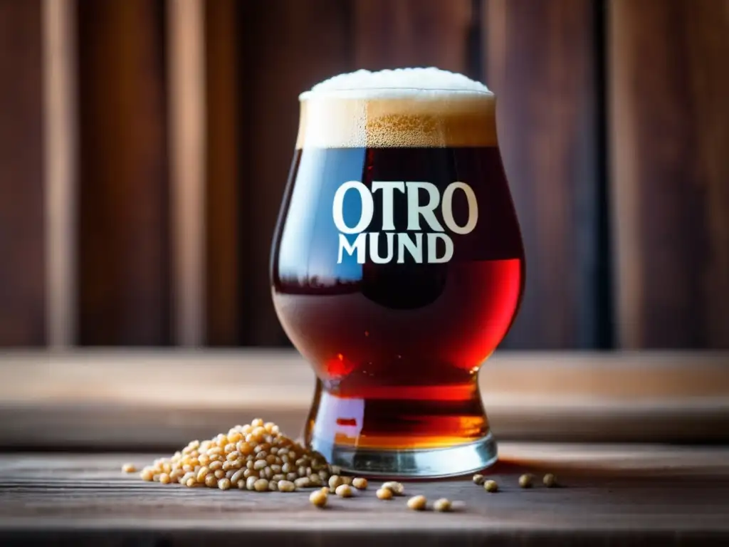 Cerveza Otro Mundo Strong Red Ale con tono rojo intenso, granos de cebada y lúpulo alrededor