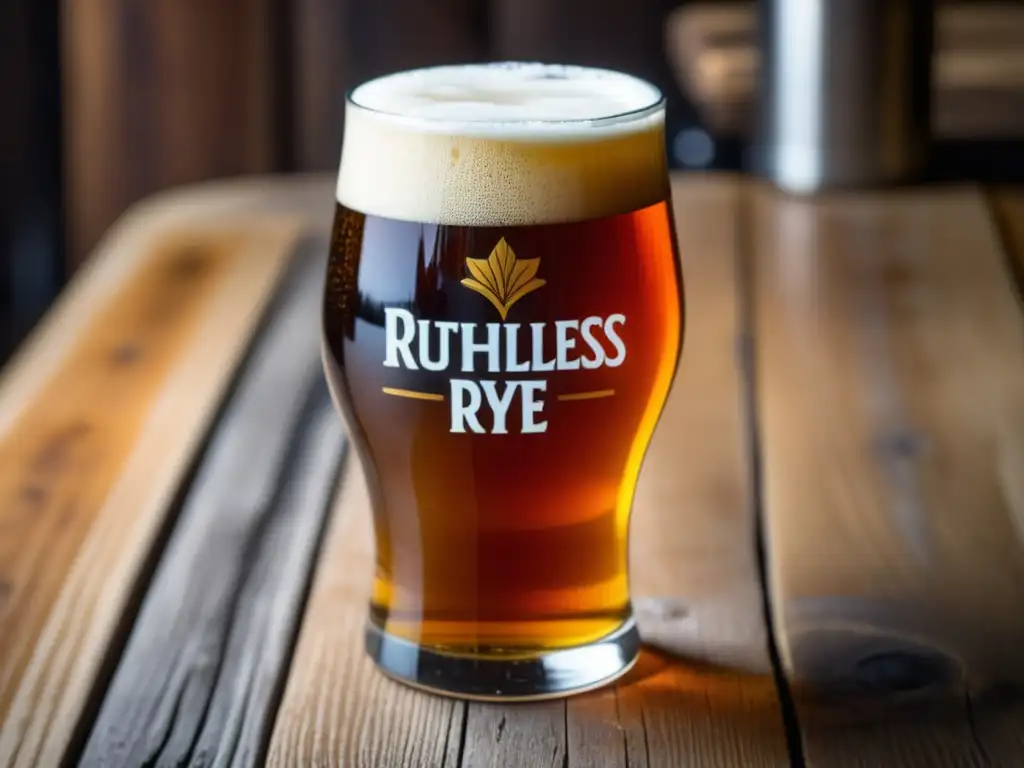 Cerveza de centeno Ruthless Rye IPA en vaso, vibrante color ámbar, espuma blanca y burbujas, en mesa rústica