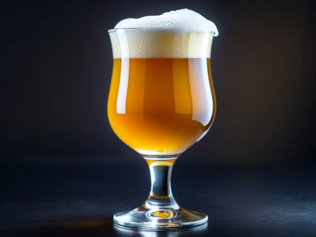 Cerveza Saison artesanal en copa tulipa, dorada con espuma blanca y burbujas