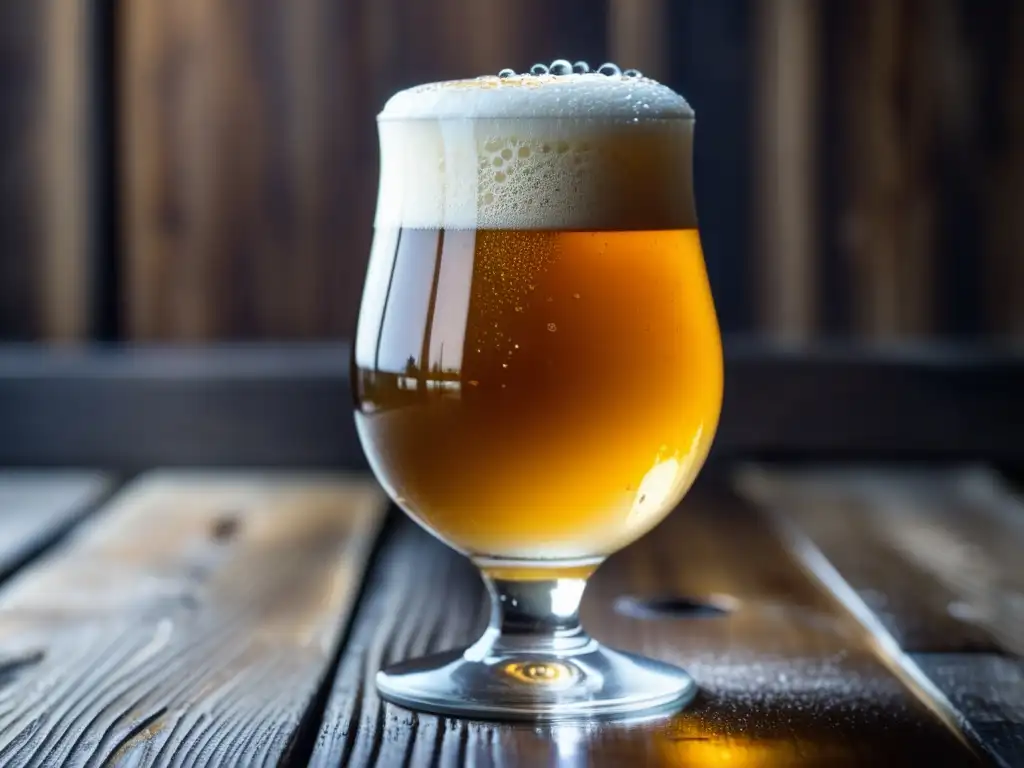 Closeup de cerveza Saison dorada en vaso con cabeza blanca esponjosa, en mesa de madera rustica