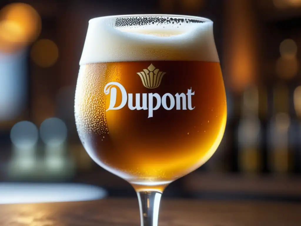 Cerveza Saison Dupont dorada y espumosa en copa tulipa, con burbujas detalladas y color ámbar