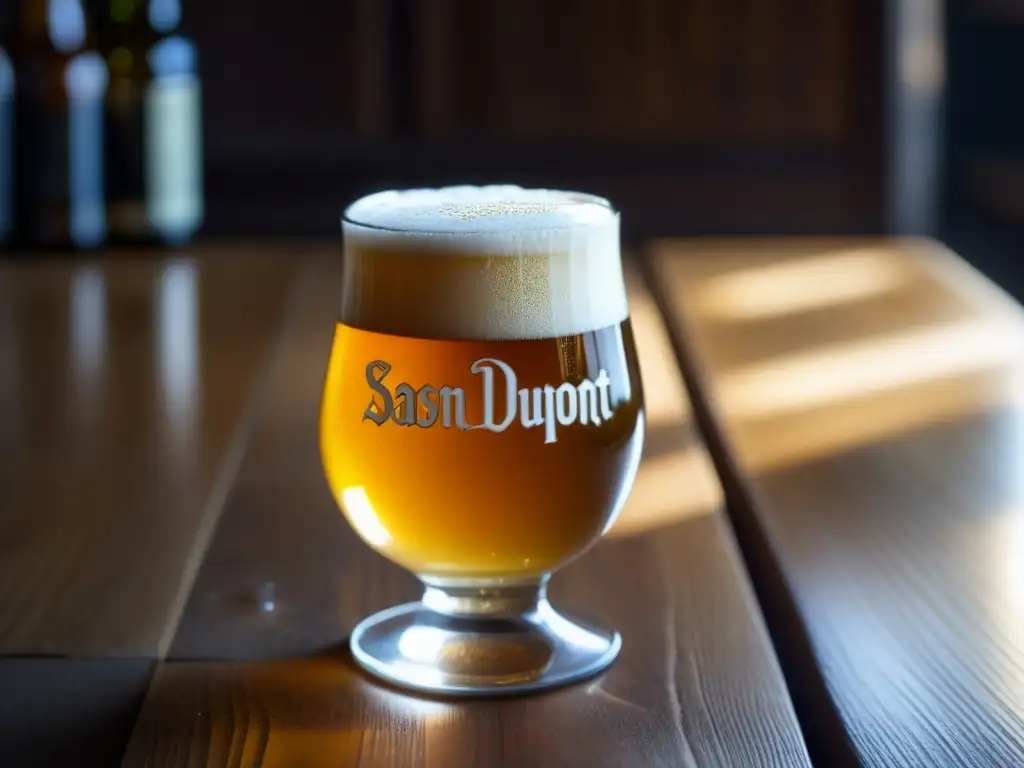 Cerveza Saison Dupont en vaso de vidrio, refrescante y dorada, con espuma blanca y burbujas ascendentes